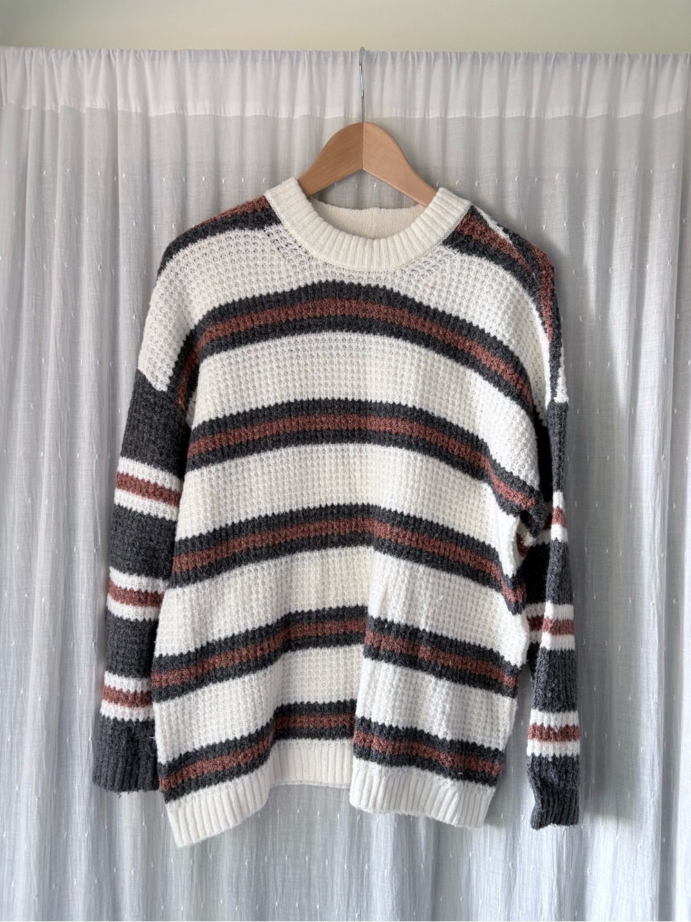 American Eagle Outfitters Cream, Charcoal & Rust Striped Crewneck Sweater